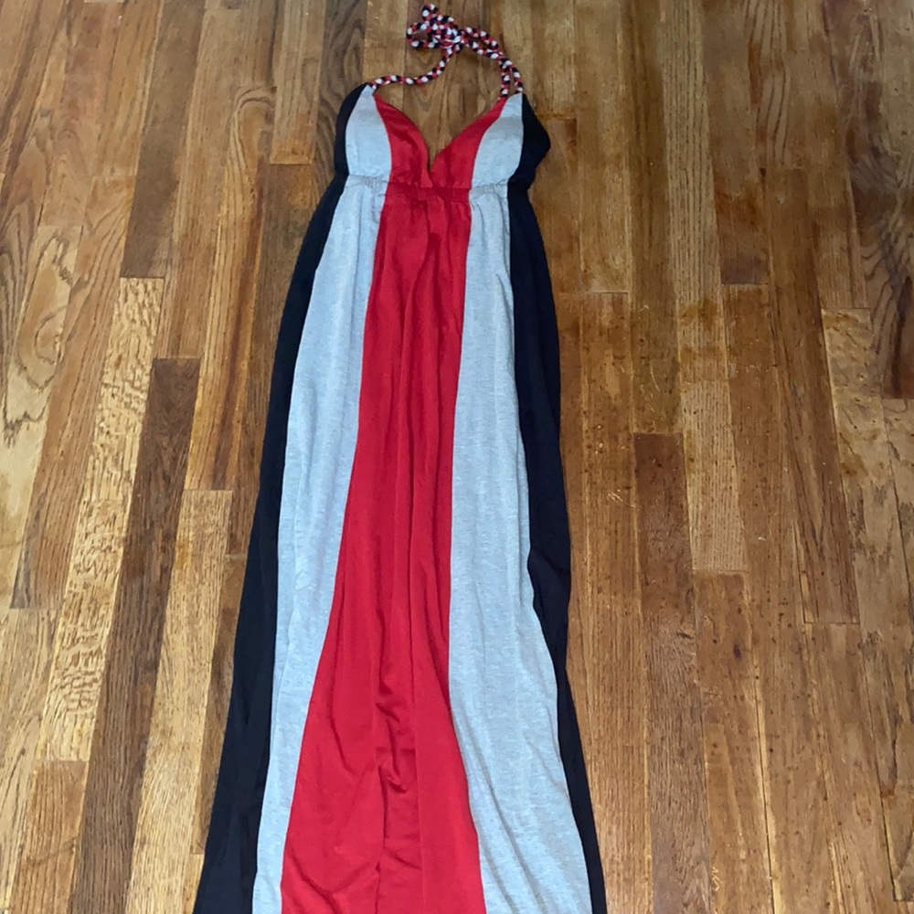 Red black and gray halter maxi dress